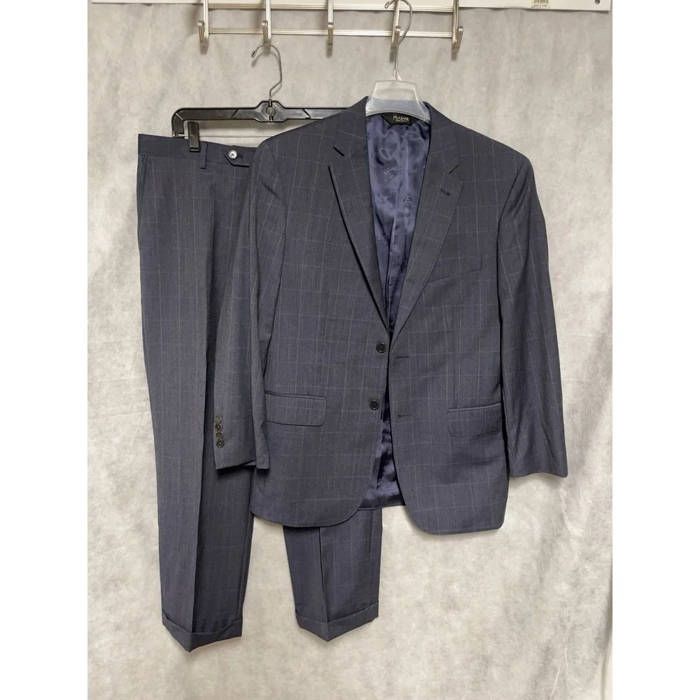 Jos A Bank Suit Men 40R 38R Blue Plaid Slim 2B Signature Gold Flannel Wool 32X28